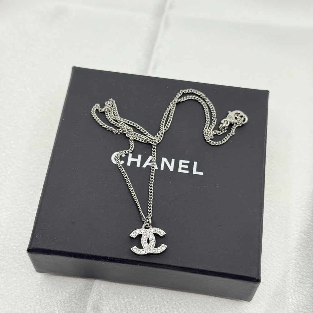 Classic CHANEL Silver Crystal CC Logo Pendant Necklace